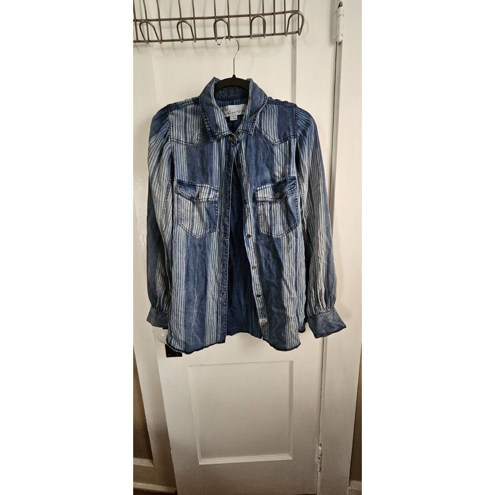Vintage Havana Women's Sz LARGE  Tencel blue‎ striped button down puff sleeves